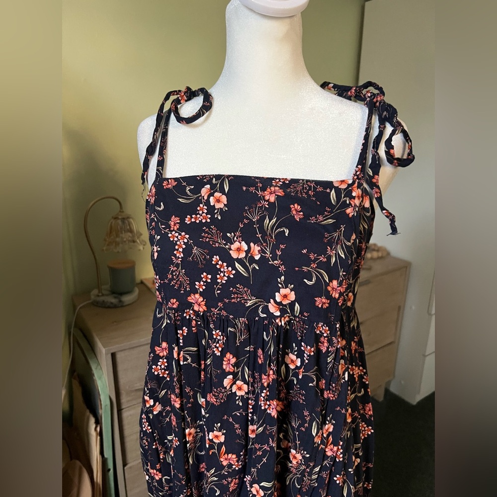 Navy Floral Print Midi Swing Tie Shoulder Square Neck Casual Flowy Summer Dress - Picture 12 of 16